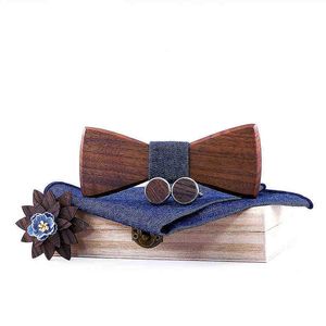 Linbaiway Classic Wood BowtieHandkerChief Scufflinks Set for Mens Suits Butterfly Male Wood Bow Tie Wearing Corbatas Accessory J220816