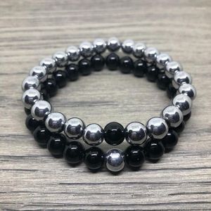 Strand 2pcs/Set Couples Long Distance Friendship Matching Bracelet Black And Platinum Hematite Beads Jewelry