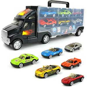 Diecast Model Cars Transport Carrier Truck Toy with 6 Stylish Metal Racing Toys Vehicle with Carrying Case