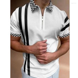 Polos Masculinos Camisas Pólo Verão T-shirts de Manga Curta Moda Tops Listrados com Zíper Colarinho Turn-down Vintage Casual Masculino