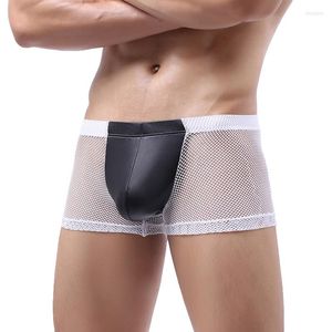 Underpants Mens Boxer Shorts Sexy Mesh See Through PU Leather Penis Pouch Underwear Exotic Gay Panties Calzoncillo Hombre Boxershorts XXL