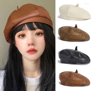 Berets Women Fashion Solid Beret Cap Pu Leather French Artist Warm Beanie Hat Autumn Winter Ladies All-Match Hats