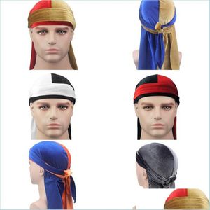 Headbands Headbands Unisex Men Women Breathable Bandana Hat Veet Durag Do Doo Du Rag Long Tail Headwrap Chemo Cap Solid Color Headwe Dhyn0