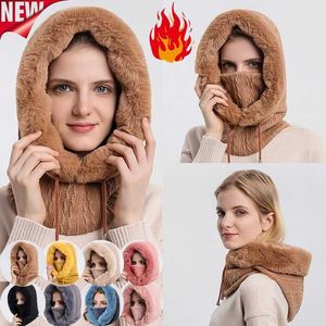 Beanie/Skull Caps 3-i-1 Winter Fur Cap Mask Set Hooded For Women Sticked Cashmere Neck Warm Outdoor Ski Windproof Hat Tjock Pluf Fluffy Beanies T221020