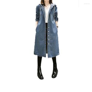 Women's Trench Coats Women Autumn Long Sleeve Large Size 3xl 4xl 5xl Denim Windbreaker Female Overcoat Hooded Blue Coat Streetwear