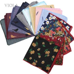 Vintage Flowers Beautiful Cartoon Bird Handkerchief Cotton 24Cm Women Men Wedding Pink Black Pocket Square Gift Suit Accessory J220816