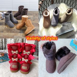 Botas de dise￱ador Australia Classic Ankle Snow Boot Womens Women Winter Luxury Girl Boot Bow Mini Fur Casta￱o negro Pink Bowtie Bling Crystals Cestnut Suede