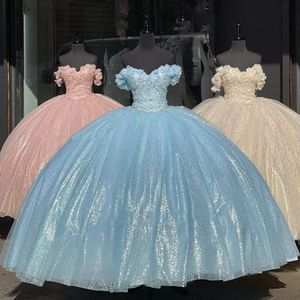 Champagne Flowers Crystal Quinceanera kl￤nning Bollkl￤nning fr￥n axelapplikationerna Lace Pageant Birthday Party Sweet 16 Vestidos de 15 Anos