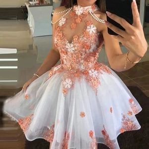 High-Neck Pearl Short Homecoming Dresses Flower Pearls Little Princess Birthday Mini Prom Graudation Cocktail Party Gowns