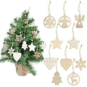 Christmas Decorations 12pcs Year Natural Wood Tree Ornament DIY Wooden Hanging Pendants Snow Elk Angle Star Heart Chips