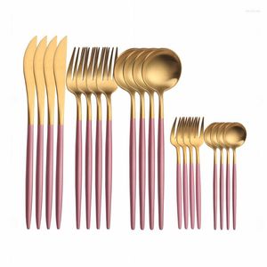 Dinnerware Sets 20Pcs Kitchen Utensils Set Pink Gold Stainless Steel Travel Cutlery Fork Knife Spoon Tableware Drop