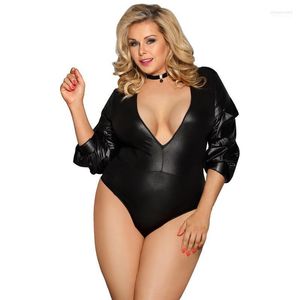 Kvinnors jumpsuits hals sexig bodysuit plus size clubwear bodys f￶r kvinnor svart bodycon faux l￤der gotisk kombination femme rw80605