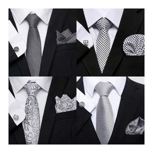 Bow Ties Newest style Silk Tie Pocket Squares Cufflink Set Necktie Gray White Striped Man Wedding Accessories Memorial Day Gravatas L221022