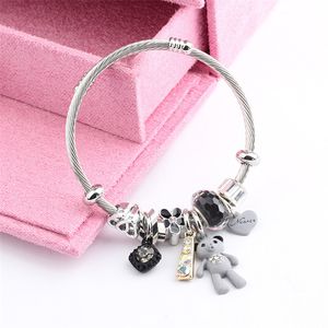 European and American Fashion Charm Bracelets Stainless Steel DIY Jewelry Big Pink Bear Pendant Heart Shaped Love Women's Bracelet Cuff Charm AC1029
