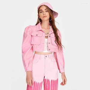 Kurtki damskie Krótka dżinsowa kurtka Kobiety różowe płaszcze 2022 Autumn Fashion Puff Sleeve Pocket odzież wierzchnia dla dziewcząt damska