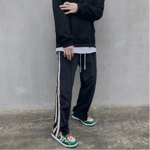 Side Striped Drawstring Casual Pants Men's Fleece Sweatpants Ankle Zipper High Street Straight Baggy Casual