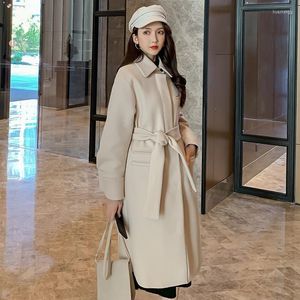 Women's Wool Women's & Blends Nice Winter Korean Leisure Coat Long Fashion Coats Elegant Lapel 2 Pockets Belted Jackets Solid Female