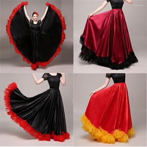 Stage Wear 90cm Plus Size Gypsy Spanish Flamenco Skirt Lace Woman Girls Belly Dance Silk Satin Smooth Bullfight Performance Elastic Dress