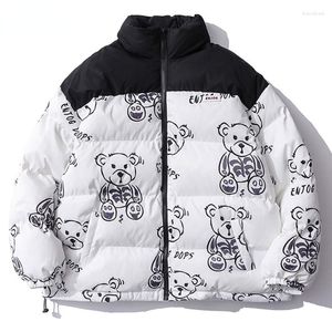 Men's Down Men Cartoon Bear Print Winter Jacket Woman Patchwork Harajuku Simple Oversized Padded Puffer Windproof Parka Loose Warm Outwear