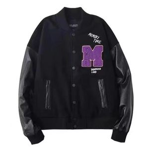 Siyah Harf M Erkekler Spor Ceket Marka Nakış Beyzbol Patchwork Streetwear Standı Yaka Rocky Harajuku Üniversite Varsity Coat Çiftler