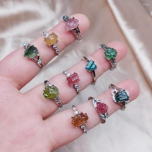 Bröllopsringar 1pc Natural Crystal Finger Ring Colorful Tourmalines Ore Rock Quartz Stone Opening For Women Men Engagement Smycken