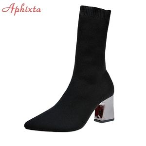 Boots Aphixta Metal Color 7cm Square Heels Socks Women Big Size 43 Stretch Fabric Elastic Pointed Toe Shoes Ankle Boot Woman 221022