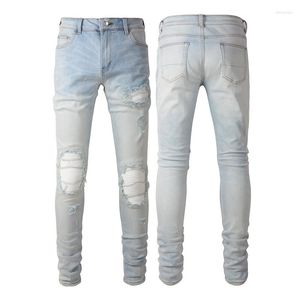 Mäns jeans män lappar skarvade high street jean byxor hip hop dance party bootcut för rippad hål mager