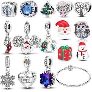 Charms julklapp Santa Claus Tree Elk Snowflake Silver Color Beads Charm Fit Mula Armband Halsband Pendant Women Festival Jewelry