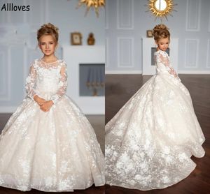 Çiçek Dantel Çiçek Kız Elbiseleri Düğün Partisi Seferi Uzun Kollu Boyun Küçük Kızın Doğum Günü Pageant Balo Gowns Toddler Çocuklar İlk Cemaat Elbise Cl1303