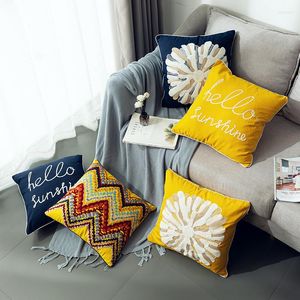 Pillow Deep Blue Cover 45x45cm Yellow Decorative Case Embroidery Letter Flower Pillowcase Handmade Couch Bed Room Decor