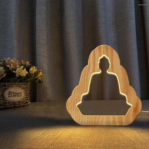 Night Lights Buddha Cross Music Cactus Tree Apple Conch Figure Wooden 3D LED Light Warm White Novelty Kid Bedroom Decor Gift Lamp