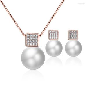 Necklace Earrings Set & 2022 Pearl Square Geometric Rose Gold Earring Bridal Wedding Fashion Temperament Jewelry