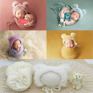 Vestidos de batizado 3 pçs/conjunto Adereços para fotografia de recém-nascido Cobertor Chapéu Fotografia de bebê Envoltório Adereços Urso Boneca Acessórios para fotos de bebê T221014