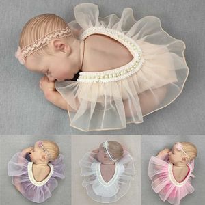 Vaftiz Elbiseleri 2 PCS/SET Yenidoğan Fotoğrafçılık Props Head Band Dant Bandı Romper Bodysuits Kıyafet Bebek Kız Prenses Elbise Kostüm Fotoğraf Giyim T221014