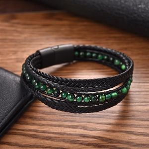 Charmarmband naturliga stenp￤rlor armband m￤n ￤kta l￤der fl￤tat svart rostfritt st￥l magnetiska l￥s smycken smycken grossist