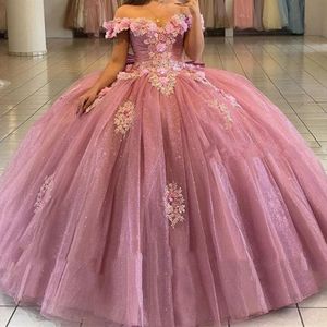 Abiti Quinceanera rosa con spalle scoperte Glitter Tulle Appliques Ball Gown Pageant Festa di compleanno Sweet 16 Vestidos De 15 Anos