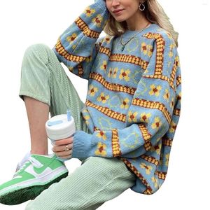 女性のセーター女性ニットセーターアーガイルレトロペシル柄の10代の女の子のためのトップ編みプリントOネックプルオーバーY2K E-GIRLS 90S Streetwear