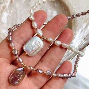 Anhänger Halsketten Natürliche Süßwasserperlen Halskette Unregelmäßige Quadratische Charme Kleine Lila Weiß Barock Kurzer Halsband Hochzeit Schmuck Frauen