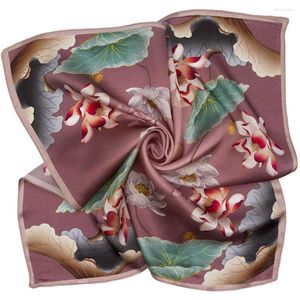 Scarves Pure Silk Bandana Women Hair Scarf Lotus Handkerchief Natural Square Headband Client Gift Flora Neckerchief For