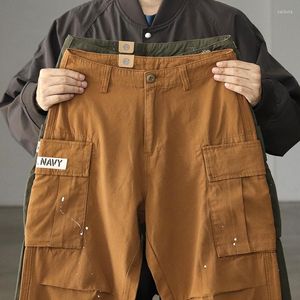 Männer Hosen Herbst Japanische Retro Leinwand Malerei Cargo Männer Baumwolle Gewaschen Casual Lose Gerade Multi Taschen Hosen