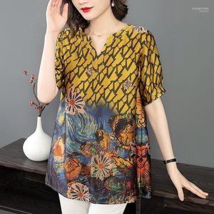 Women's T Shirts Loose Imitation Silk Shirt Women's Mid-length Spring And Summer Style Printed V-neck Western Retro Short-sleeved