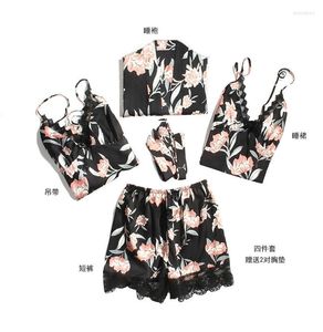 Kadınların Sweetwear Seksi Siyah Ev Giyim M-XL Pijamalar Kadın 5 PC Strap Üst Pantolon Takım Setleri Kimono Banyo Çanak Elbise Boynan