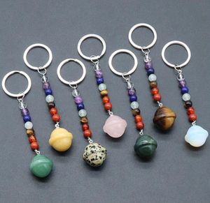 Pedra de cristal natural 7 Chakra BEADS Planet Key Ring Keychain Bag Decor pingente decora￧￣o Chave -chave Teclante -chave