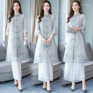 Women's Two Piece Pants Chiffon Pant Suit For Mother Of The Bride Women Party Wedding Guest Formal Vintage Chinese Style Elegant 2 Sets