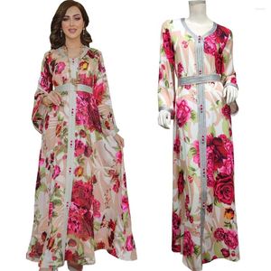 Ubranie etniczne różowy kwiatowy nadruk maxi długa sukienka dla kobiet wstążka v szyja na Bliski Wschód muzułmańska marocain Jalabiya Autumn Abaya imprez