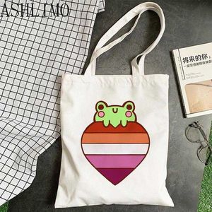 Bolsas de compras fofas arco -íris sapo feminino imprimido comprador harajuku lona praia bolsa grande bolsa ombro thady t2221022