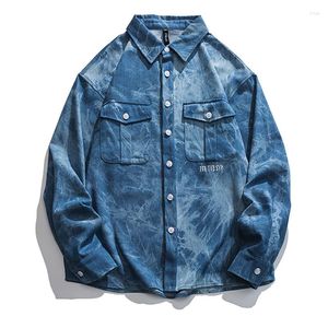 Erkekler Sıradan Gömlekler Sonbahar Kişilik Mektubu Nakış Erkekler Siyah Mavi Denim Ceketler Uzun Kollu Gevşek Vintage Kravat boyalı Tops Street