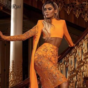 Damen-Trainingsanzüge Fu Rui 2022 Damen Sexy Orange Pailletten Stickerei Party Langarm Kurzarm Top Hohe Taille Rock Bandage Set