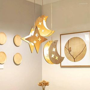 Chandeliers Dining Table Wooden Star Moon Children's Room Bedside Night Lights LED Nordic Childlike Kindergarten Chandelier E27