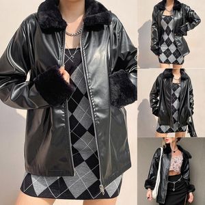 Women's Jackets Winter Fashion Y2K Patchwork Leather Women Short Chic Faux Fur Turn Down Collar Streetwear Coat Tops Black